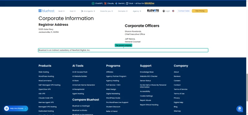 Bluehost contact page Corporate Information block naming Newfold Digital as the parent company