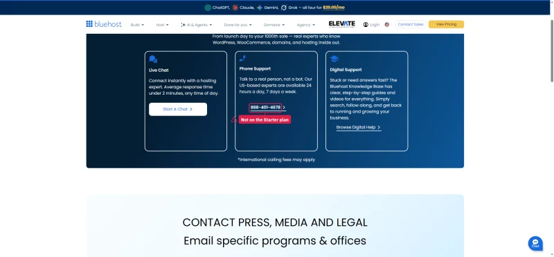 Bluehost contact page with Live Chat, Phone Support and Digital Support blocks and the support phone number