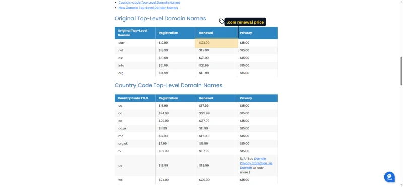 Bluehost domain price list with registration, renewal and privacy prices for .com, .net, .biz, .info and .org