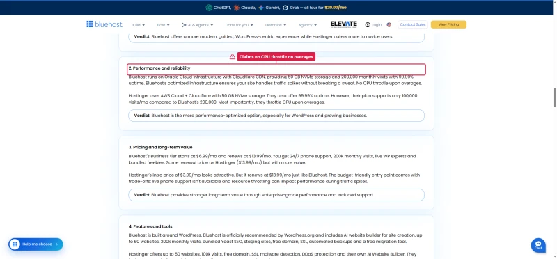 Bluehost vs Hostinger comparison page claiming no CPU throttle upon overages