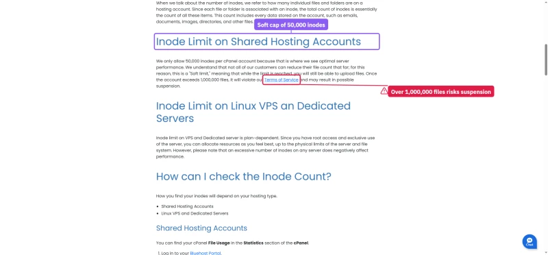 Bluehost help article on inode limits for shared hosting accounts, soft cap and suspension threshold