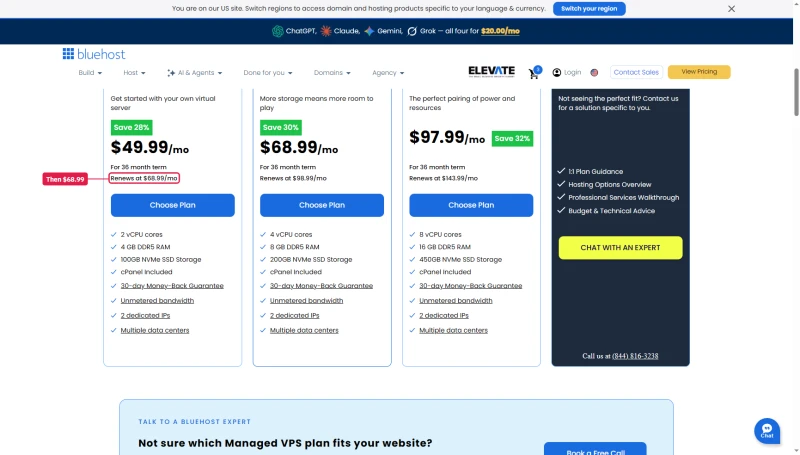 Bluehost Managed VPS cards on 36 months: Standard NVMe 4 $49.99 renews at $68.99, $68.99 and $97.99 plans beside it