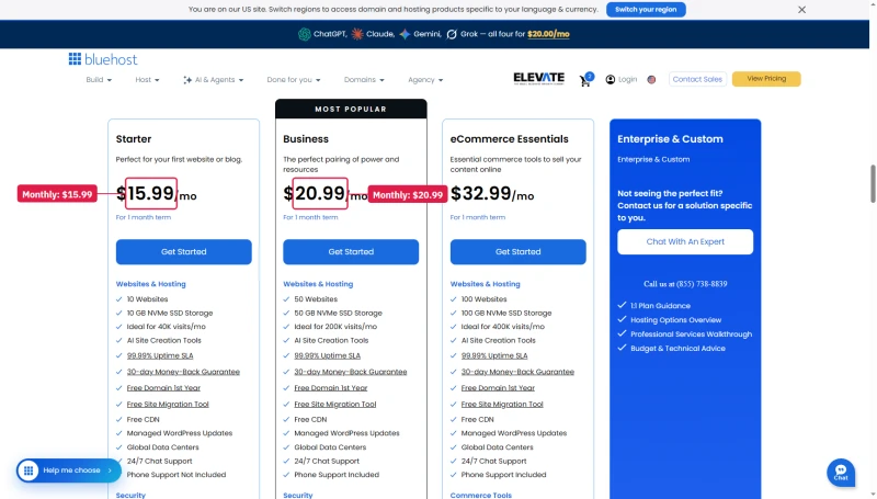 Bluehost WordPress hosting cards on the monthly term: Starter $15.99, Business $20.99, eCommerce Essentials $32.99 a month