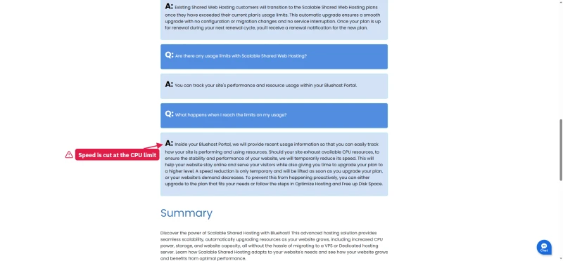 Bluehost Scalable Shared Hosting FAQ answer saying speed is reduced when a site exhausts its CPU