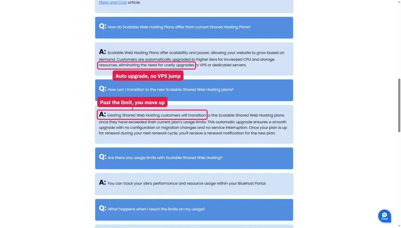 Bluehost Scalable Shared Hosting FAQ: customers past their plan's limits are upgraded to higher tiers automatically