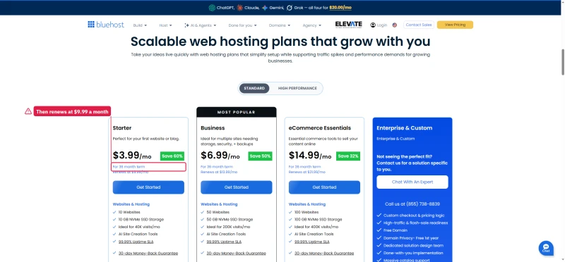 Bluehost Starter, Business and eCommerce Essentials plan cards with intro prices, 36-month term and renewal prices