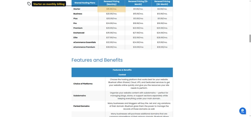 Bluehost help article renewal pricing table for shared plans on monthly, 12-month and 36-month billing