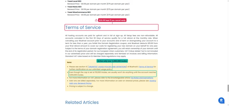 Bluehost terms of service paragraph on refunds, the domain deduction on early cancellation and inode note