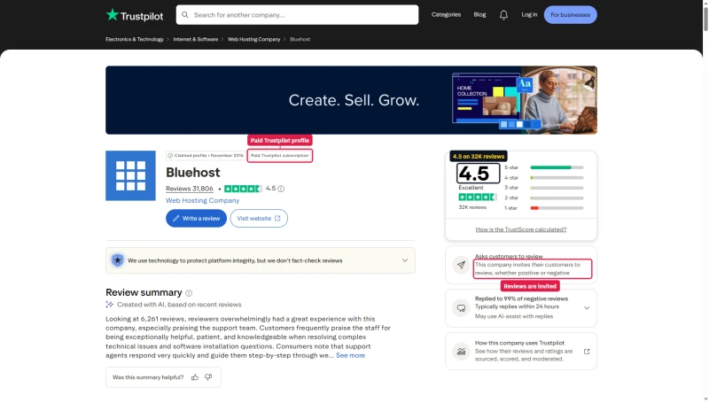 Bluehost Trustpilot profile: 4.5 from 31,806 reviews, paid Trustpilot subscription, invites customers to review