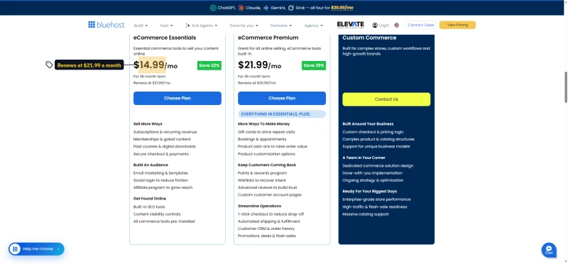 Bluehost WooCommerce hosting page with eCommerce Essentials and eCommerce Premium plan cards