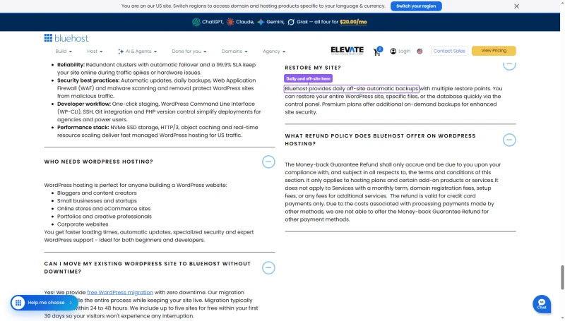Bluehost WordPress hosting FAQ: daily off-site automatic backups with multiple restore points