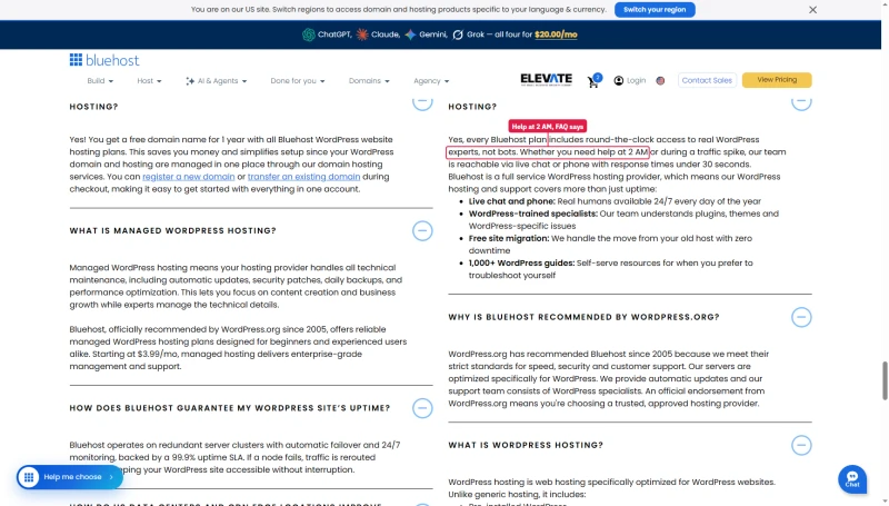 Bluehost WordPress hosting FAQ: round-the-clock access to real experts, whether you need help at 2 AM
