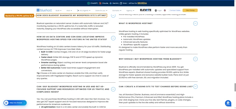 Bluehost WordPress hosting FAQ answer on uptime, backed by a 99.9% uptime SLA