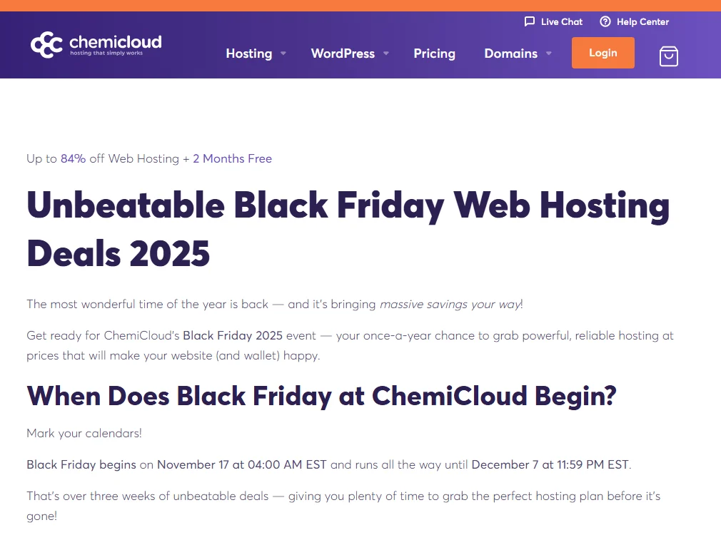 ChemiCloud's Black Friday 2025 page: up to 84% off web hosting plus 2 months free; Black Friday begins on November 17 at 04:00 AM EST and runs until December 7 at 11:59 PM EST