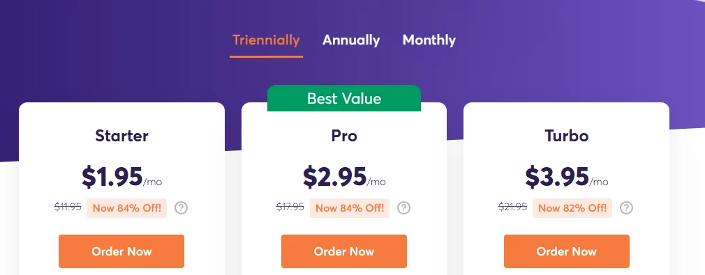 ChemiCloud shared hosting prices before Black Friday 2026: Starter $1.95, Pro $2.95, Turbo $3.95 a month on 36 months, against $11.95, $17.95 and $21.95