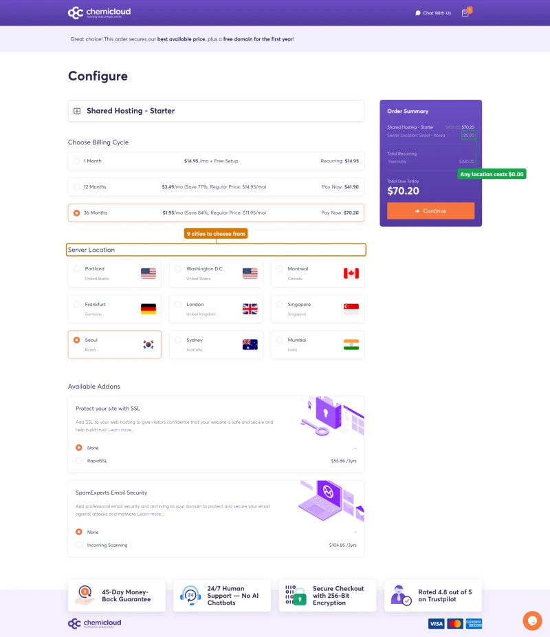 ChemiCloud cart for Shared Starter on 36 months: nine server locations to choose from, each adding $0.00