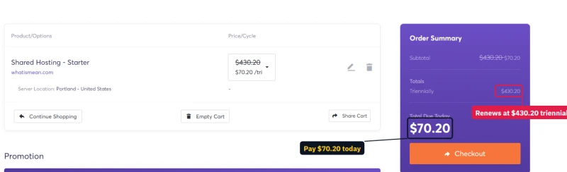 ChemiCloud order summary, Starter on 36 months: $70.20 due today, $430.20 recurring every three years
