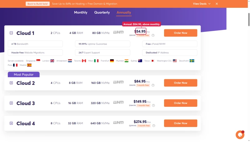 ChemiCloud Cloud VPS annual: $54.95, $84.95, $149.95 and $274.95 a month, each above the monthly price