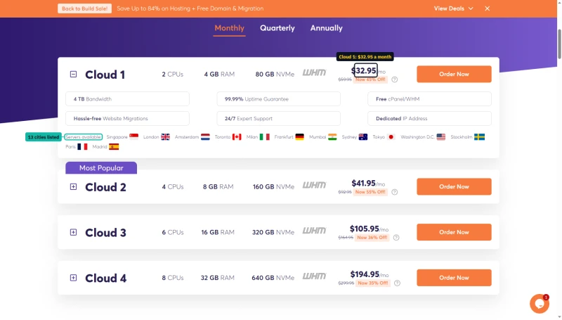 ChemiCloud Cloud VPS monthly: Cloud 1 to 4 at $32.95, $41.95, $105.95 and $194.95, servers in 13 cities