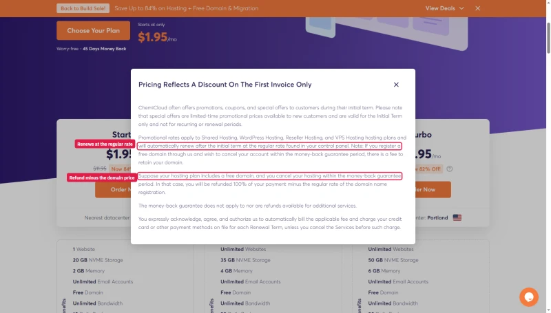 ChemiCloud pricing note: the discount is on the first invoice only, then plans renew at the regular rate