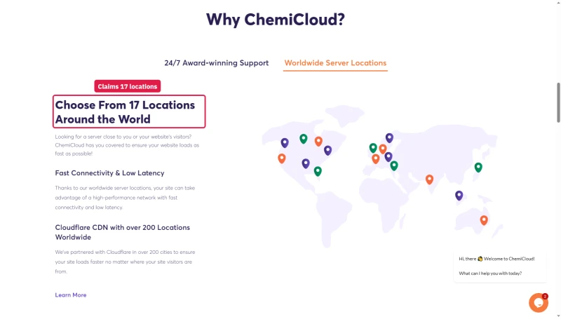 ChemiCloud homepage, Worldwide Server Locations tab: Choose From 17 Locations Around the World