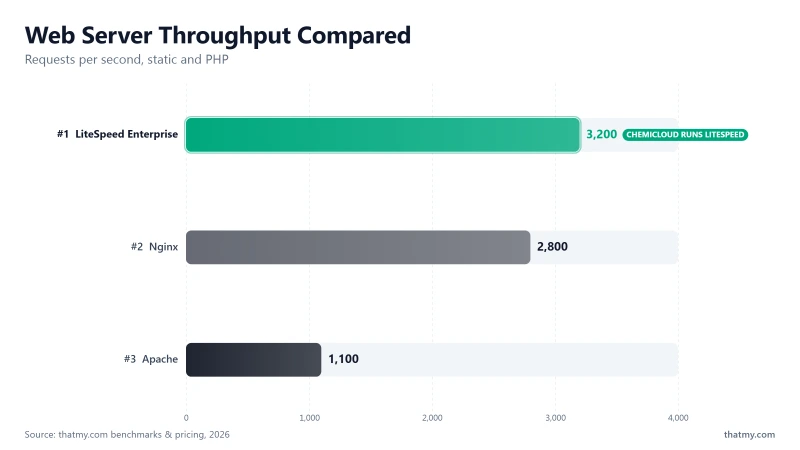 Web server throughput chart showing LiteSpeed Enterprise at 3,200 req/s, Nginx at 2,800, and Apache at 1,100.