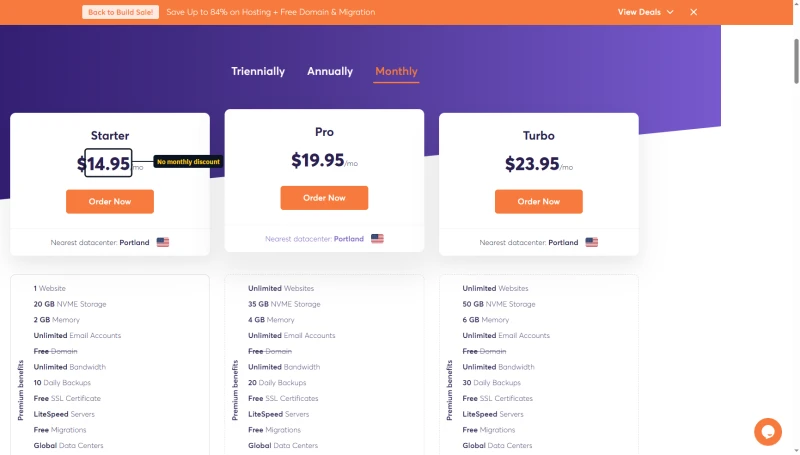 ChemiCloud Shared on monthly billing: Starter $14.95, Pro $19.95, Turbo $23.95, with Free Domain struck through
