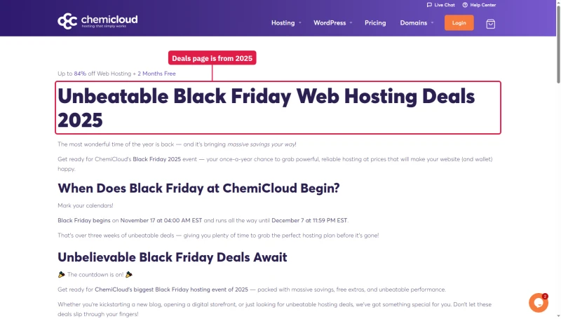 ChemiCloud deals page still live under the heading Unbeatable Black Friday Web Hosting Deals 2025