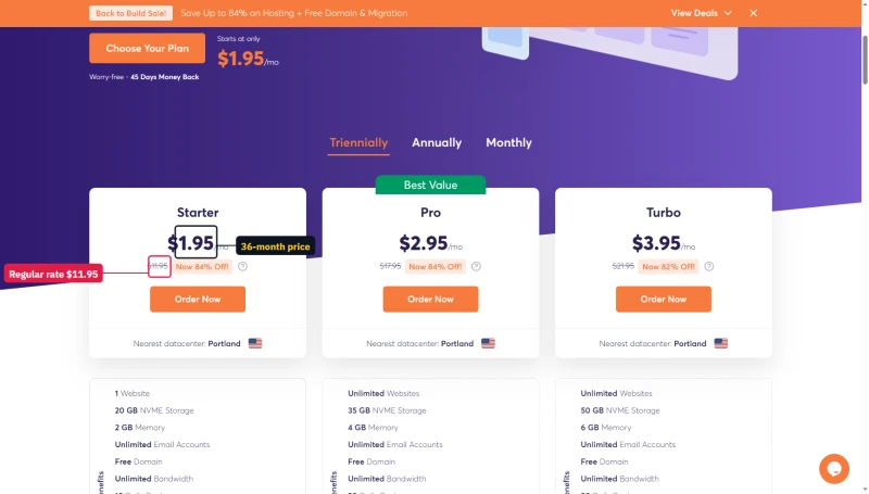 ChemiCloud Shared on 36 months: Starter $1.95, Pro $2.95, Turbo $3.95 a month, struck $11.95, $17.95, $21.95