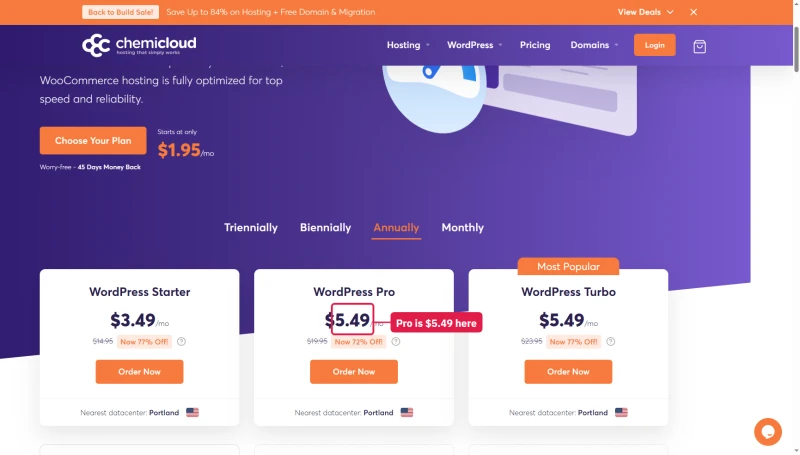 ChemiCloud WooCommerce Hosting on 12 months: Starter $3.49, Pro $5.49 at 72% off, Turbo $5.49
