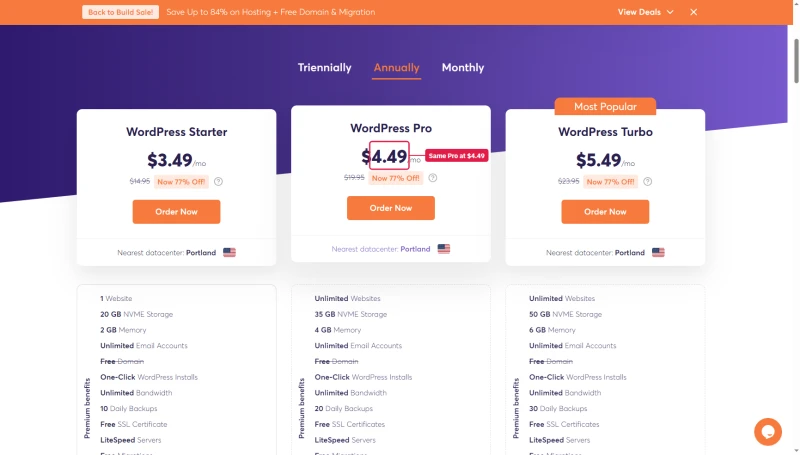 ChemiCloud WordPress Hosting on 12 months: Starter $3.49, Pro $4.49, Turbo $5.49, all 77% off