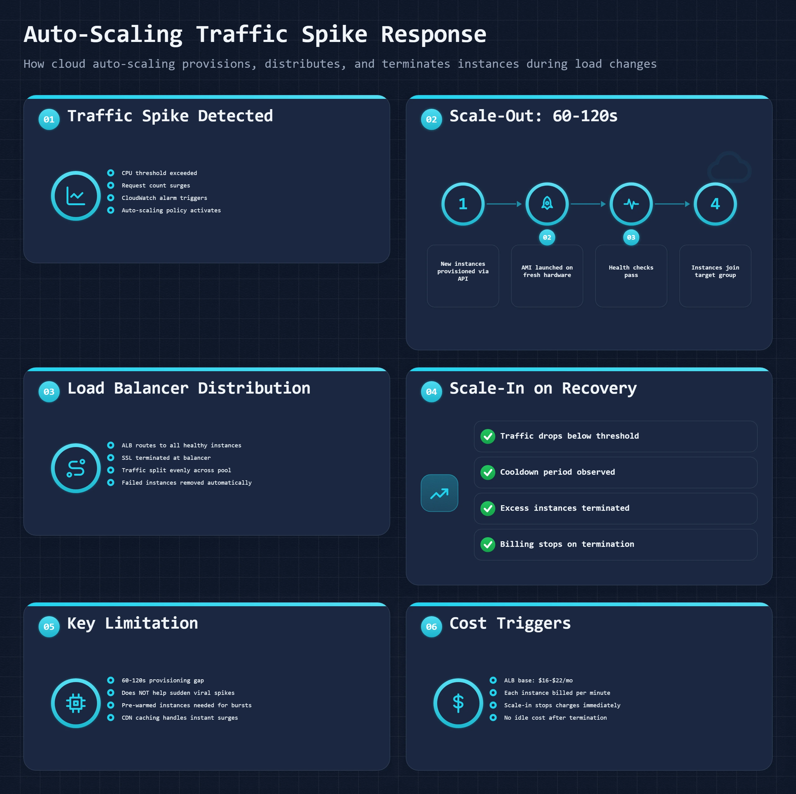 Bento dashboard showing auto-scaling phases: traffic metrics, scale-out process, load balancer distribution, and scale-in wit