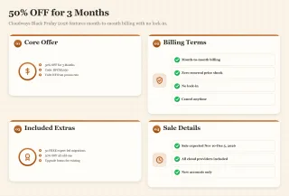 Bento dashboard detailing Cloudways Black Friday 2026 deal including 50% off for 3 months, 50 free migrations, and no lock-in.