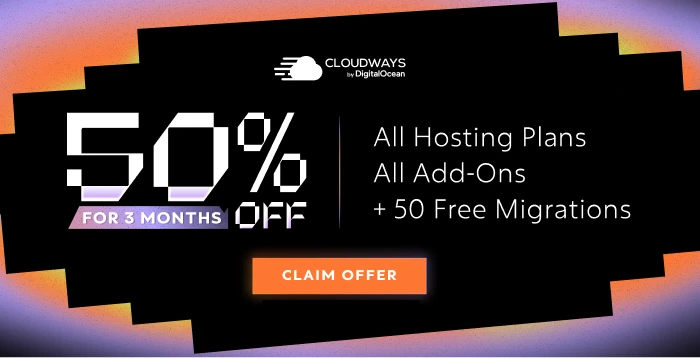 Cloudways Black Friday 2025 banner: 50% off hosting and add-ons for 3 months, plus 50 free migrations