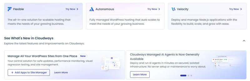 Cloudways dashboard home in September 2026 with Flexible, Autonomous, Velocity and What's New cards
