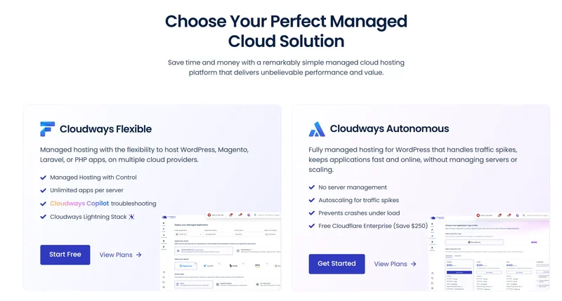 Cloudways Flexible vs Autonomous managed hosting cards on the Cloudways homepage, September 2026