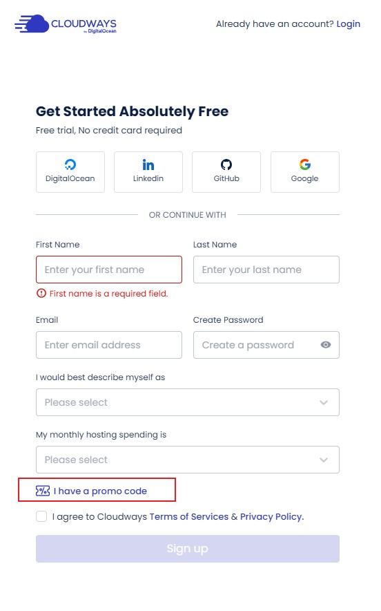 Arrow pointing to the hidden Got a Promo Code link on Cloudways signup form