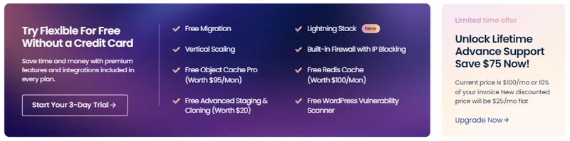 Cloudways pricing page banners, September 2026: 3-day Flexible trial and lifetime Advance Support offer