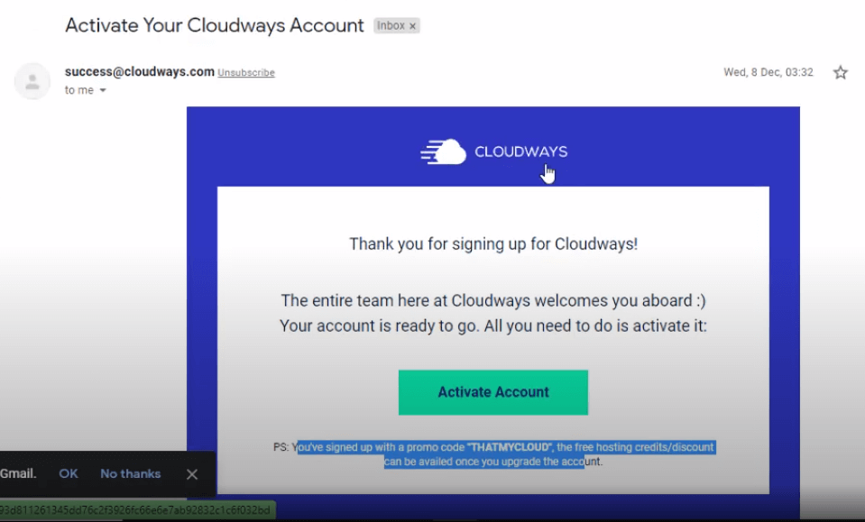 confirmation email for cloudways promo code