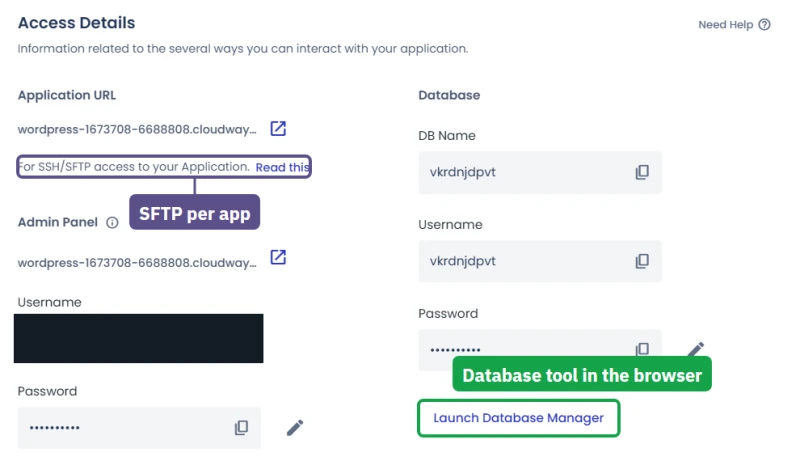 Cloudways application Access Details: site URL, database login and Launch Database Manager button