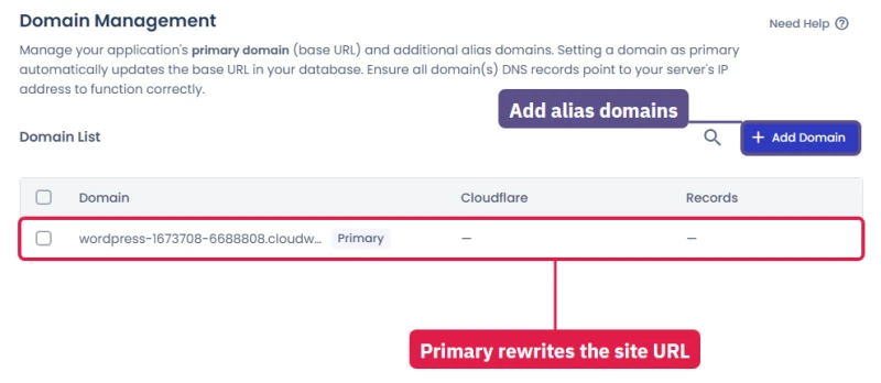 Cloudways app Domain Management: primary domain, Add Domain for aliases, and a note that primary rewrites the URL