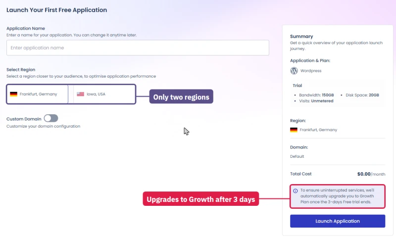 Cloudways Autonomous trial launch: Frankfurt or Iowa, and a note that it upgrades to Growth when it ends