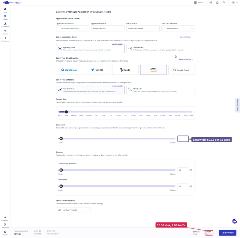 Cloudways launch form with AWS selected: Small server, 2 GB bandwidth and 10 GB storage sliders, monthly price