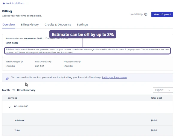 Cloudways billing overview: estimated amount due, due date and a note of up to 3 percent error