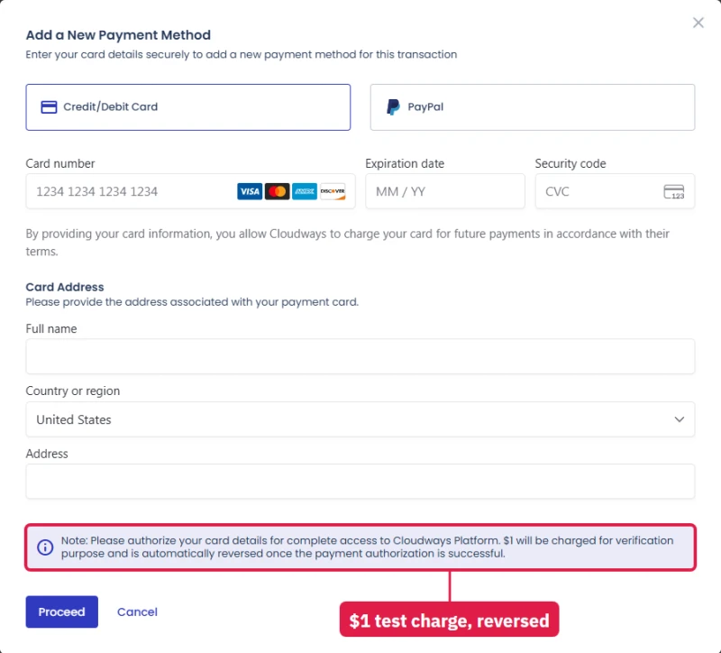 Cloudways Add a New Payment Method form: card or PayPal, with a note that $1 is charged to verify the card and reversed