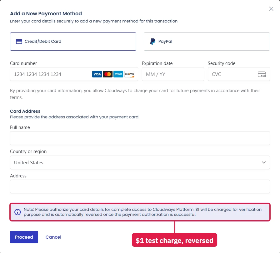 Cloudways payment form noting a $1 charge to verify the card, reversed afterwards