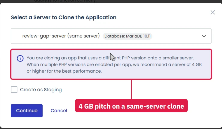 Cloudways clone dialog cloning to the same server, with a note recommending a 4 GB server