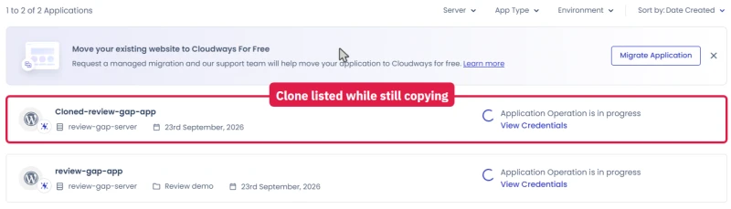 Cloudways Applications list with the cloned app listed while its copy is still in progress