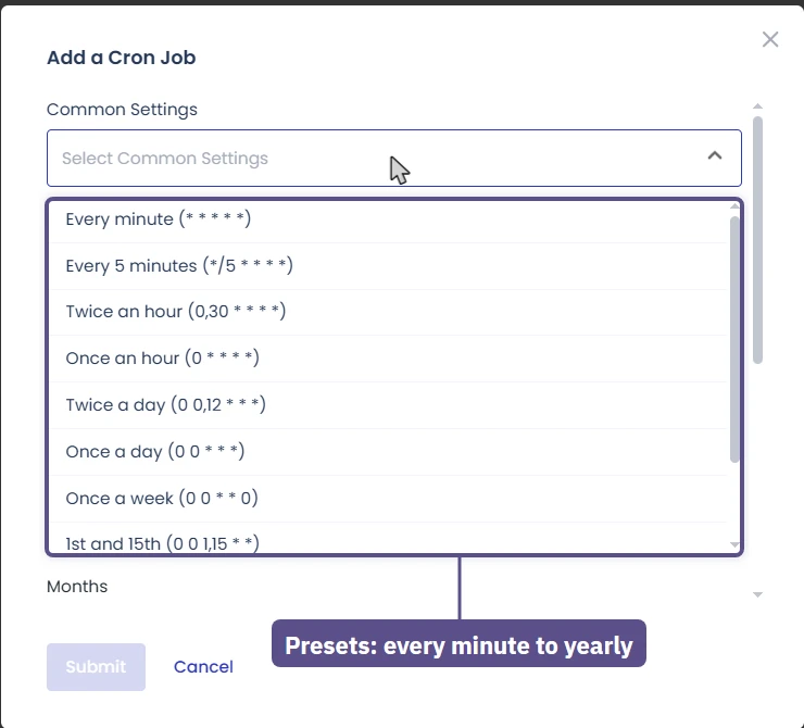 Cloudways Add a Cron Job dialog listing schedule presets from every minute to once a week