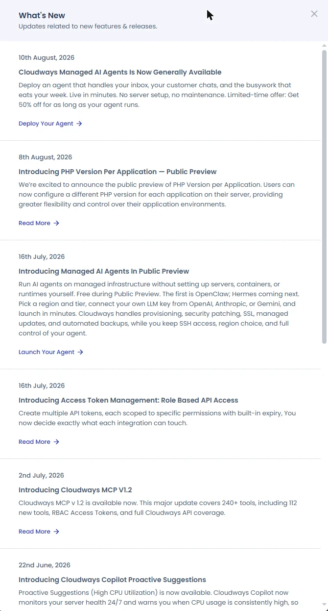 Cloudways What's New panel, 2026: Managed AI Agents, PHP version per application, role-based API tokens and MCP v1.2